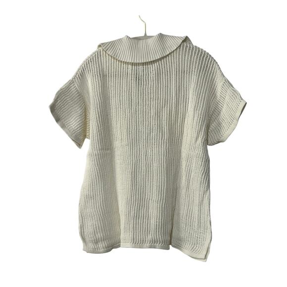 VINTAGE HAVANA WOMENS SMALL COLLARED V-NECK OPEN KNIT POLO COTTON SWEATER WHITE - Picture 6 of 12